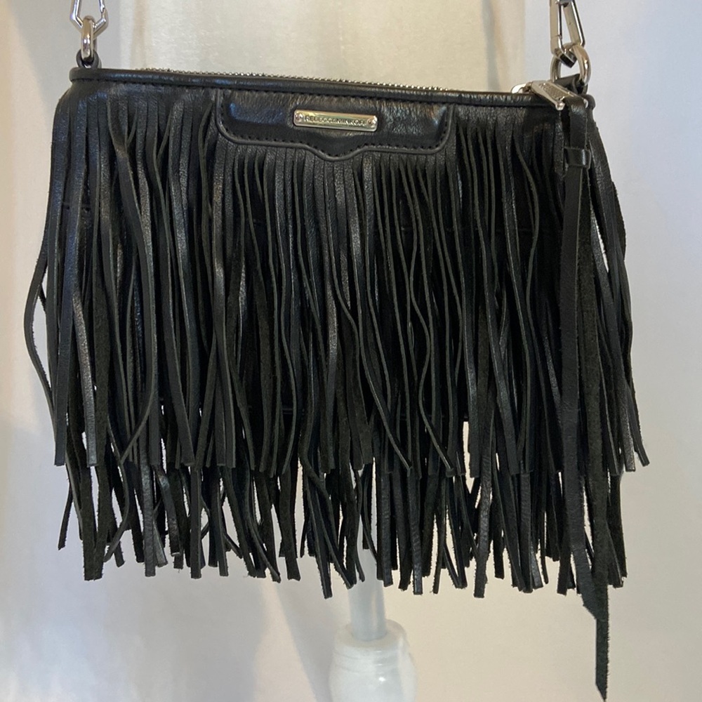 Rebecca Minkoff black leather shoulder bag with leather fringe